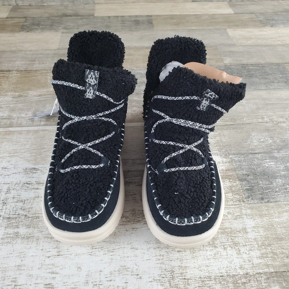Hey Dude Camden Suede Cozy Womens Ankle Boot Sz 8 Black Slip-On Stretch Lace